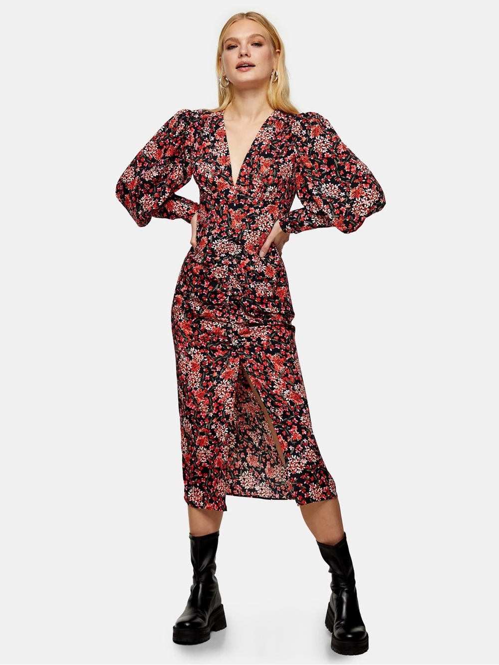 Topshop Black Floral Puff-Sleeve V-Neck Midi Dress